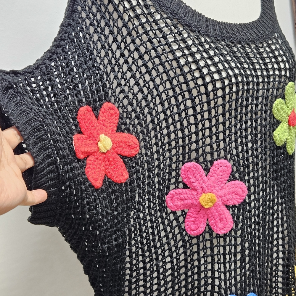 Crochet Mesh Knit Top XL Colorful Floral Appliques Short Sleeve Festival Boho - Picture 9 of 14